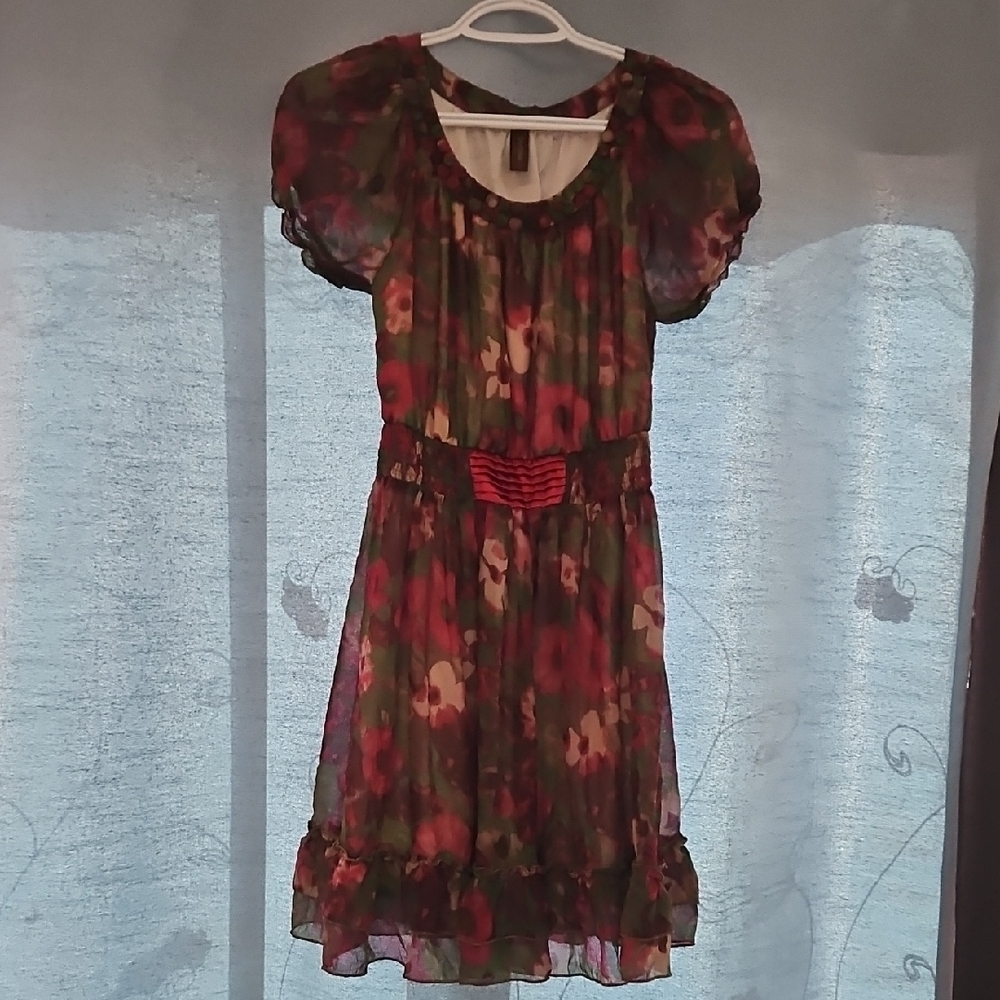 Dovewhell Silk Floral Midi Dress in Red and Green